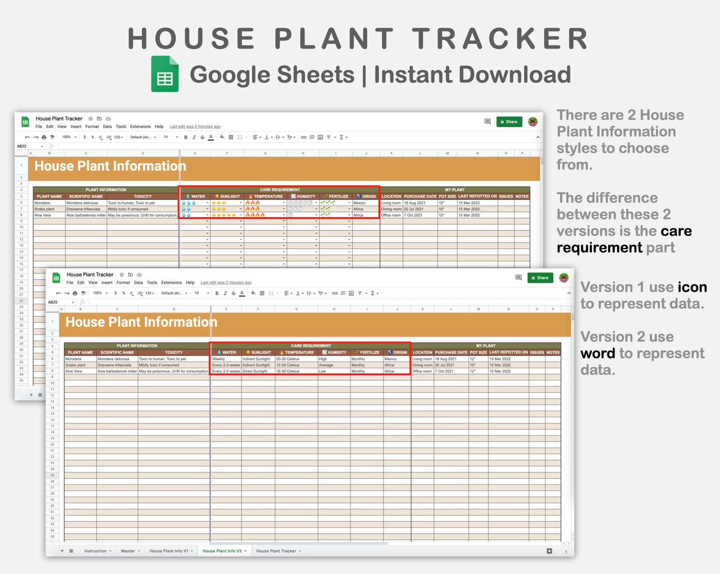 Google Sheets - House Plant Tracker - Boho