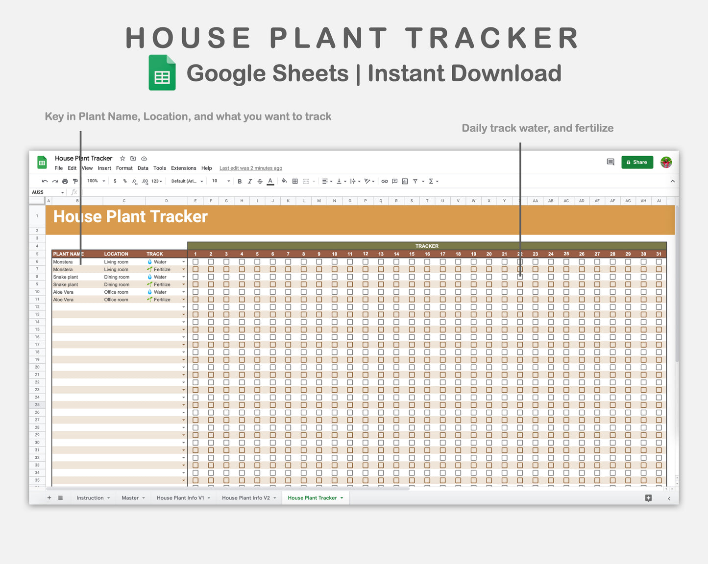 Google Sheets - House Plant Tracker - Boho