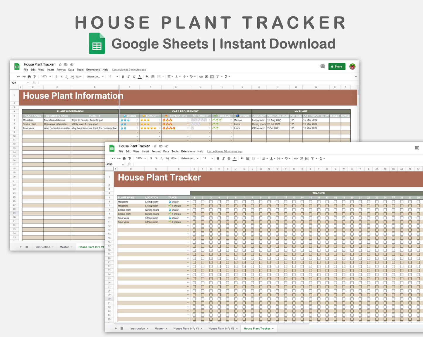 Google Sheets - House Plant Tracker - Earthy