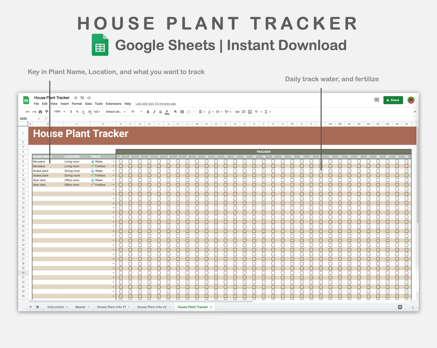 Google Sheets - House Plant Tracker - Earthy