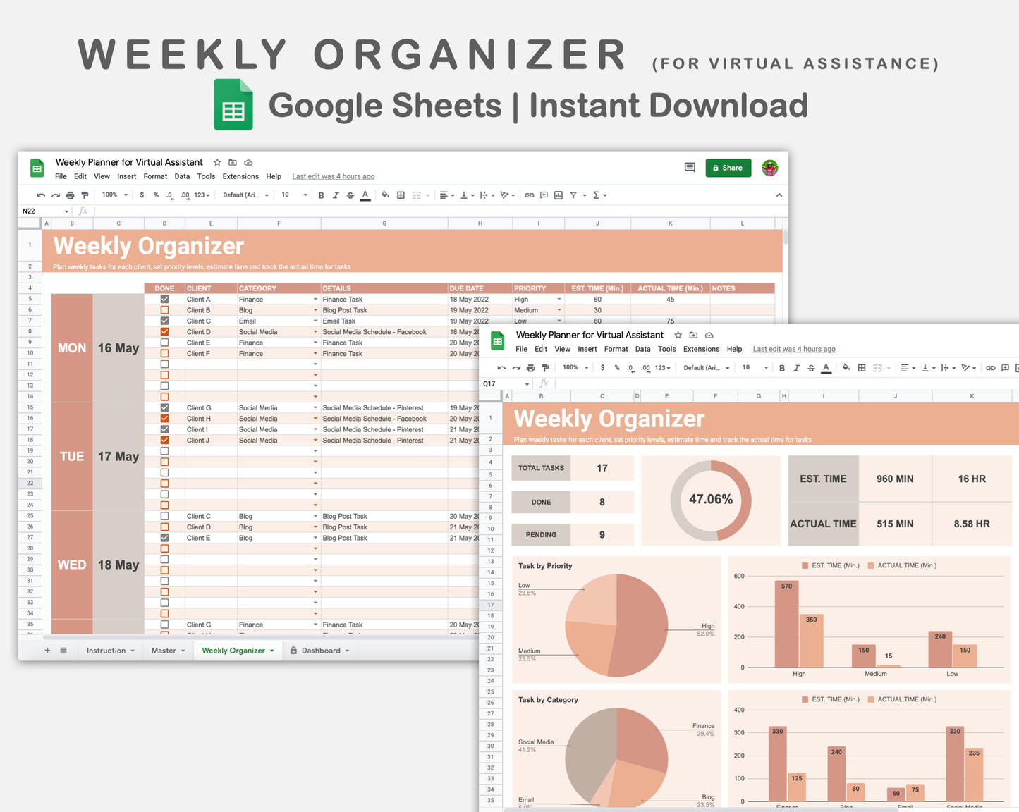 Google Sheets - Weekly Organizer for Virtual Assistant Business - Neutral