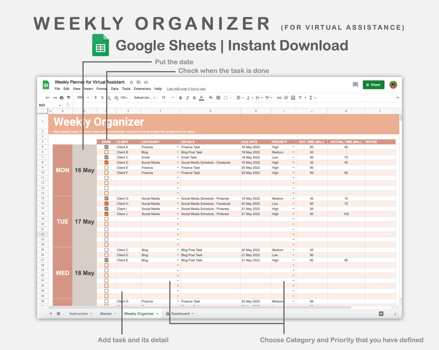 Google Sheets - Weekly Organizer for Virtual Assistant Business - Neutral