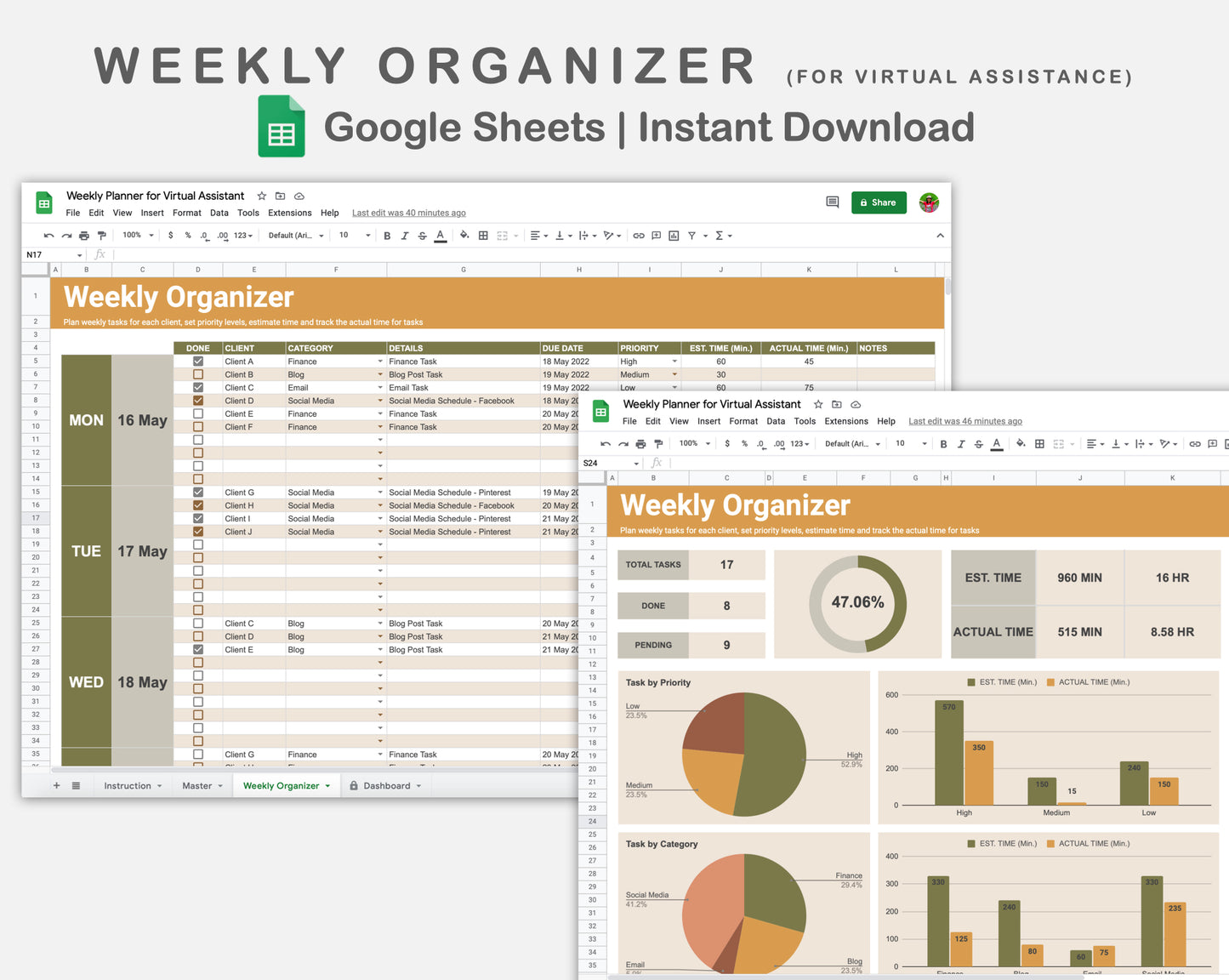 Google Sheets - Weekly Organizer for Virtual Assistant Business - Boho
