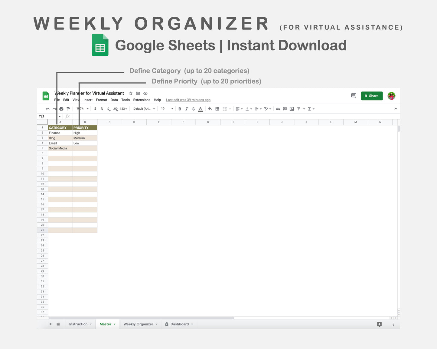 Google Sheets - Weekly Organizer for Virtual Assistant Business - Boho