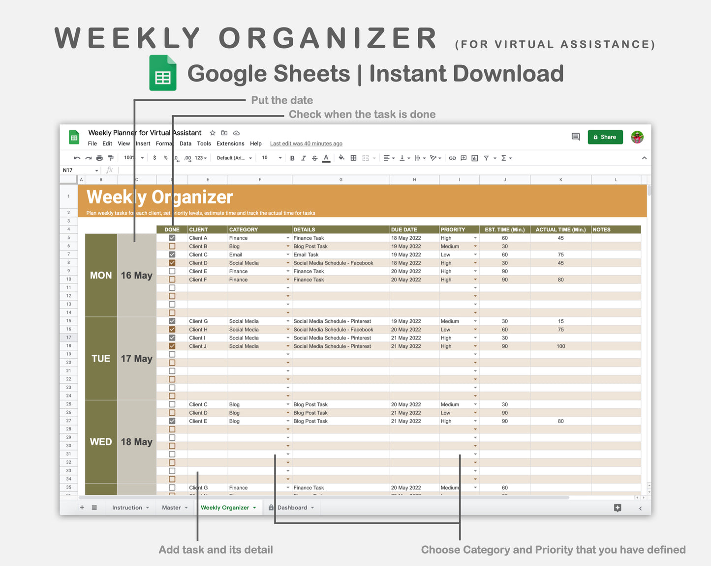 Google Sheets - Weekly Organizer for Virtual Assistant Business - Boho