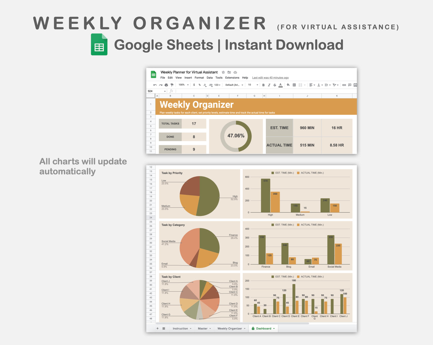 Google Sheets - Weekly Organizer for Virtual Assistant Business - Boho