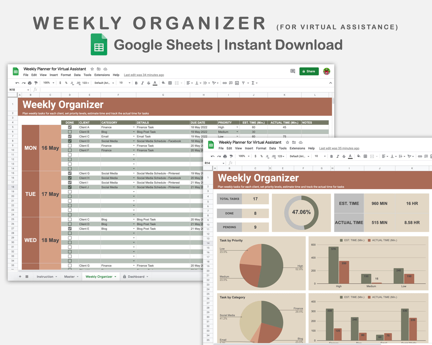 Google Sheets - Weekly Organizer for Virtual Assistant Business - Earthy