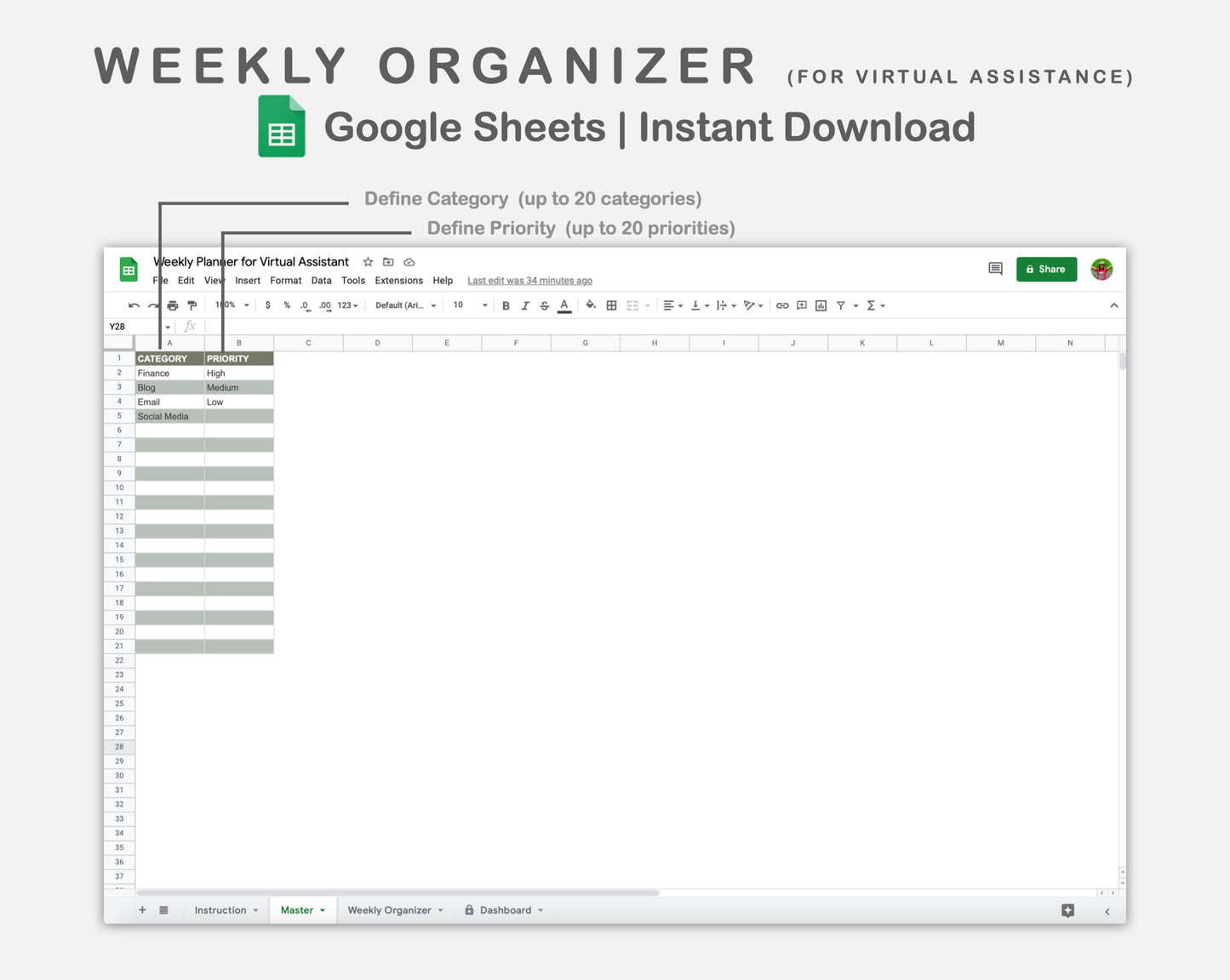 Google Sheets - Weekly Organizer for Virtual Assistant Business - Earthy