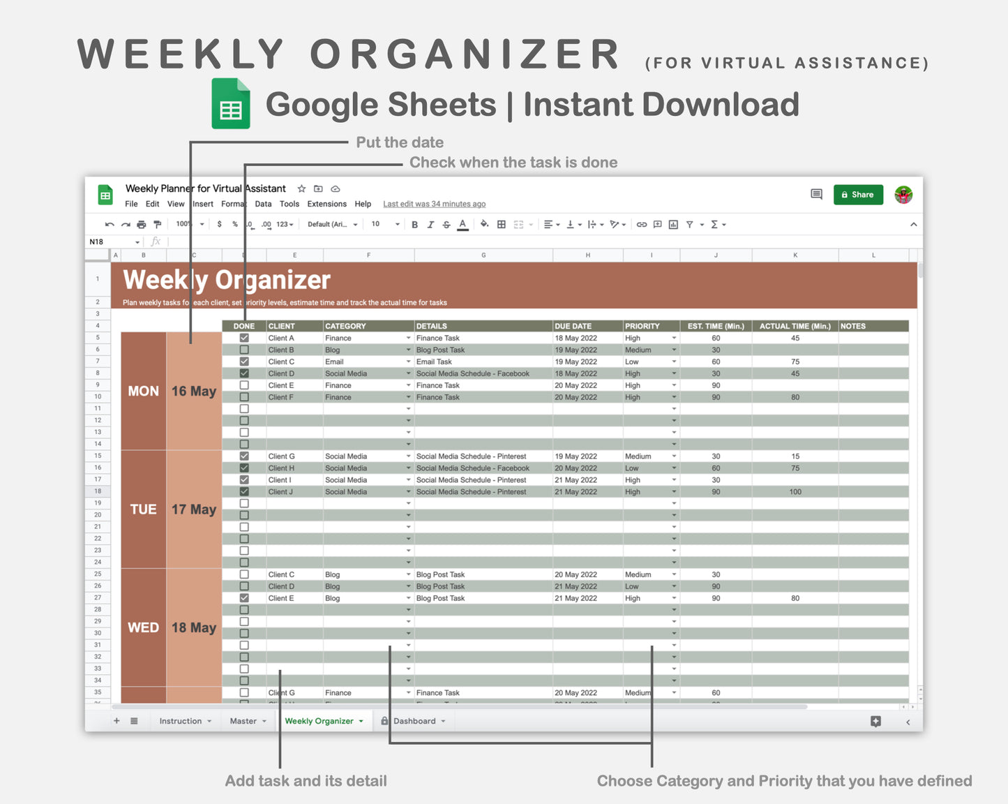 Google Sheets - Weekly Organizer for Virtual Assistant Business - Earthy