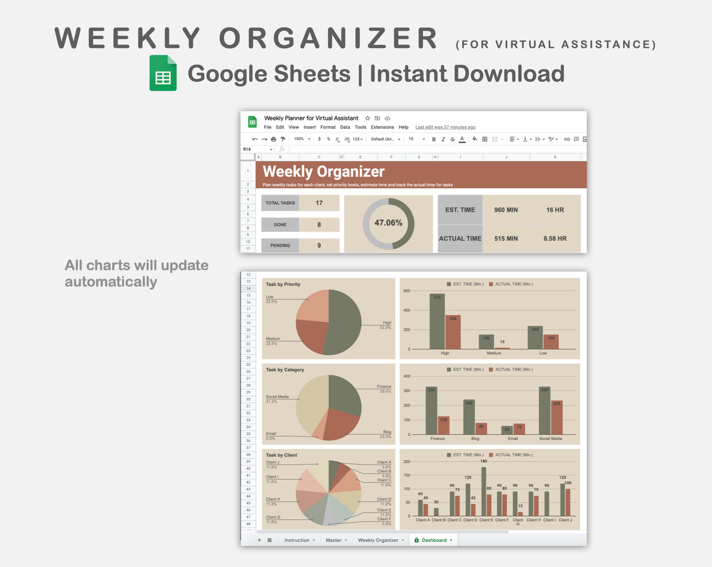 Google Sheets - Weekly Organizer for Virtual Assistant Business - Earthy