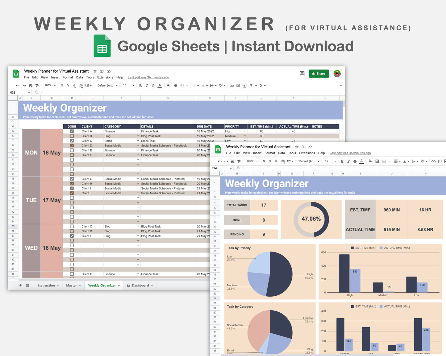 Google Sheets - Weekly Organizer for Virtual Assistant Business - Sweet