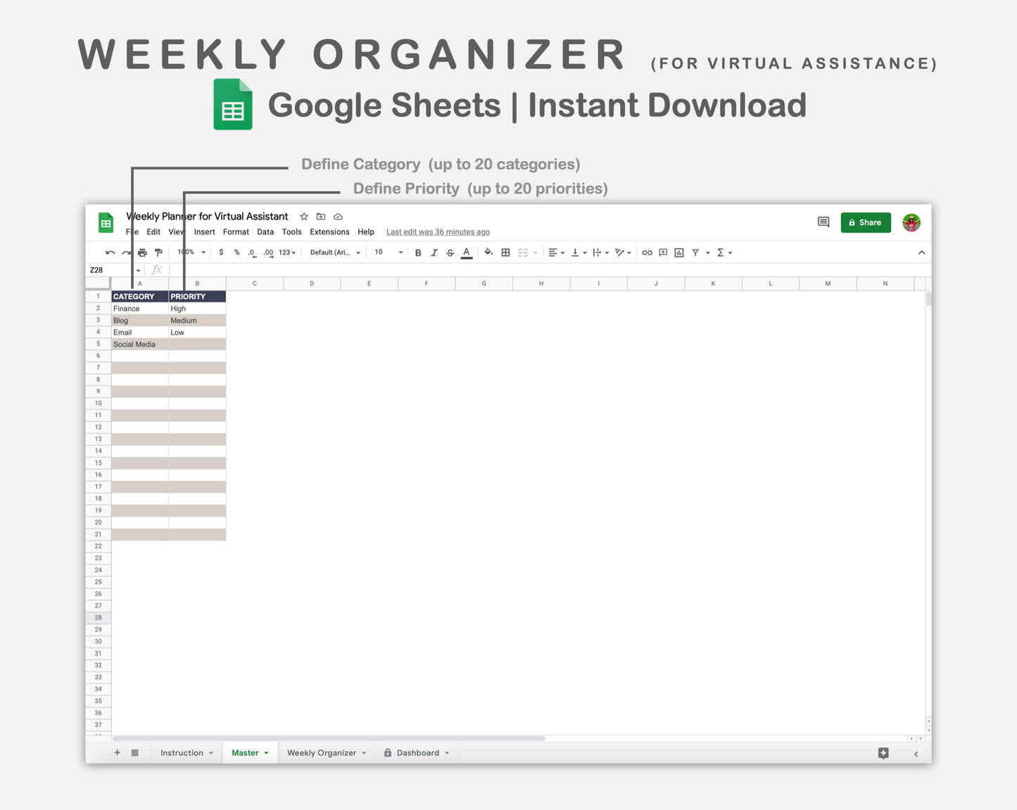 Google Sheets - Weekly Organizer for Virtual Assistant Business - Sweet