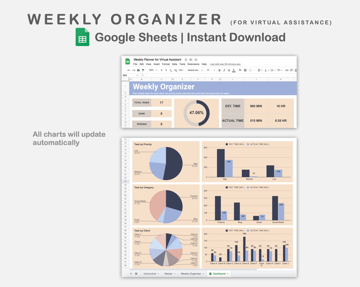 Google Sheets - Weekly Organizer for Virtual Assistant Business - Sweet