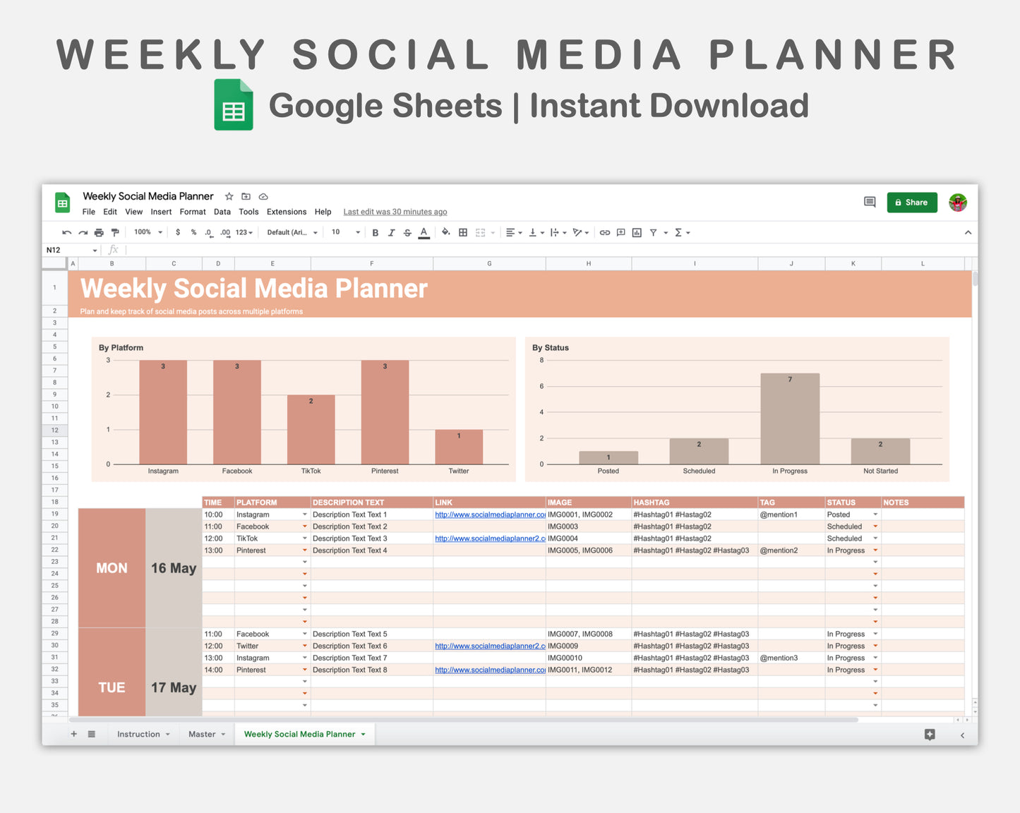 Google Sheets - Weekly Social Media Planner  - Neutral