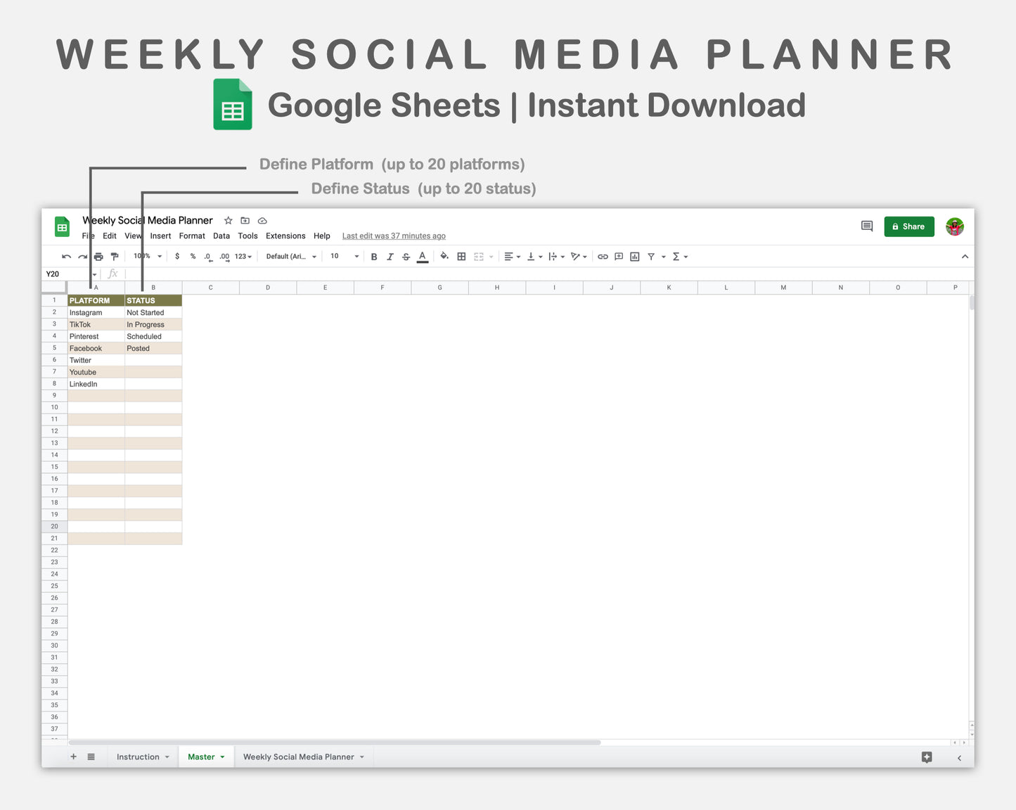 Google Sheets - Weekly Social Media Planner  - Boho