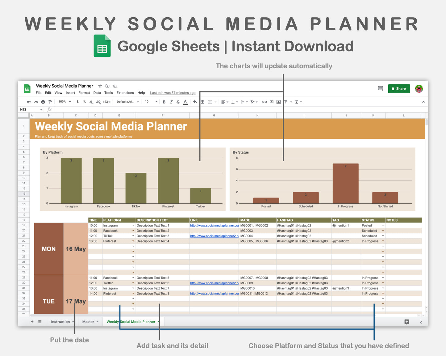Google Sheets - Weekly Social Media Planner  - Boho