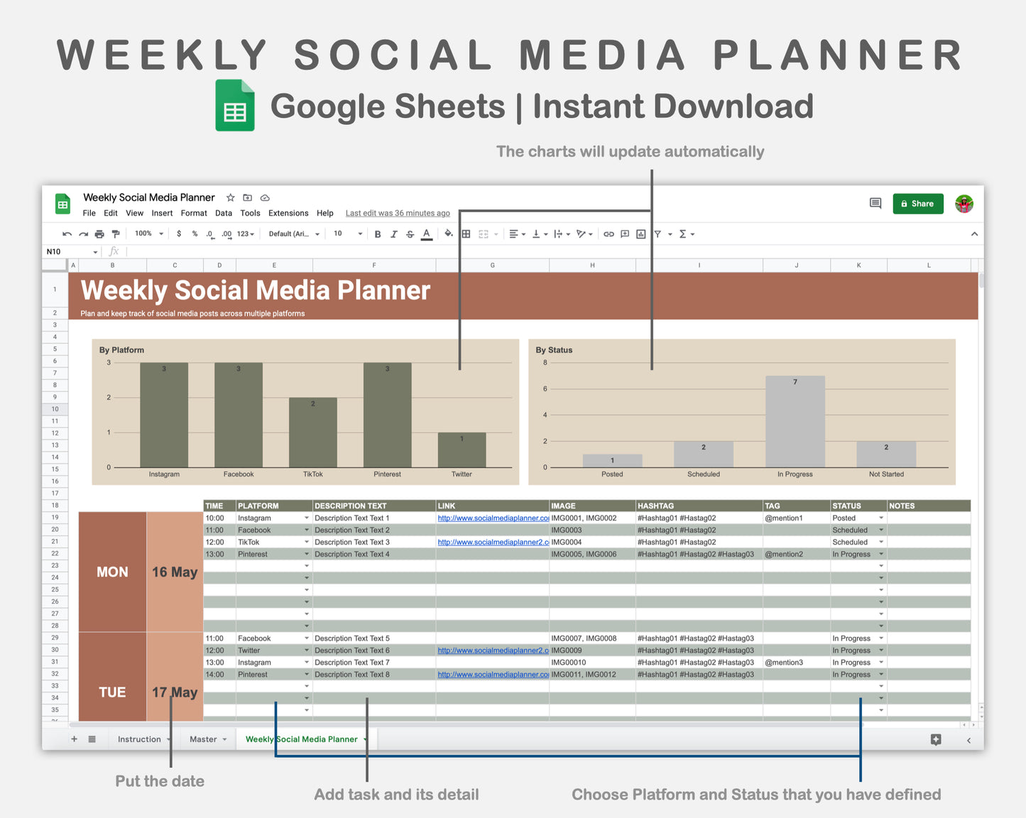 Google Sheets - Weekly Social Media Planner  - Earthy