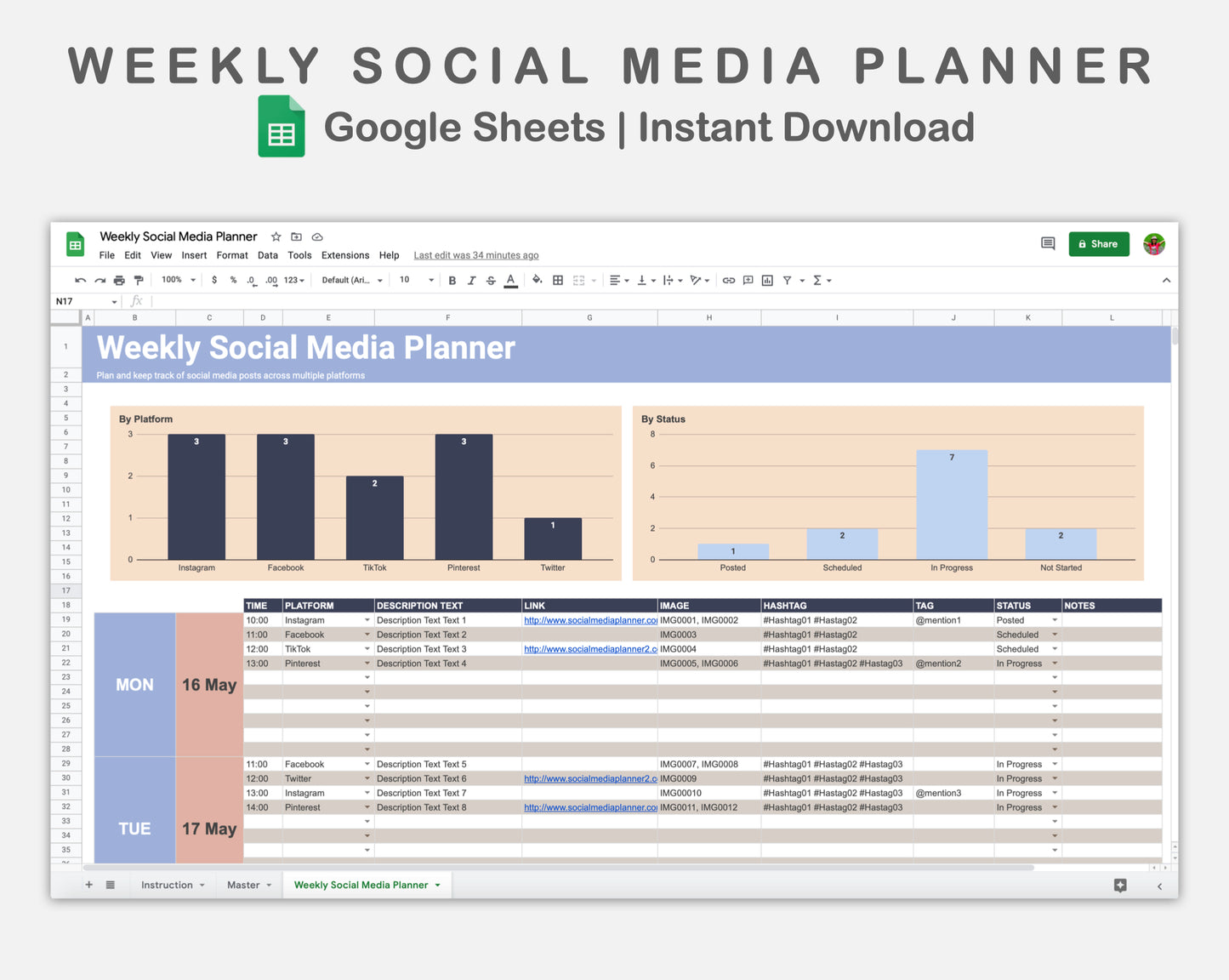 Google Sheets - Weekly Social Media Planner  - Sweet