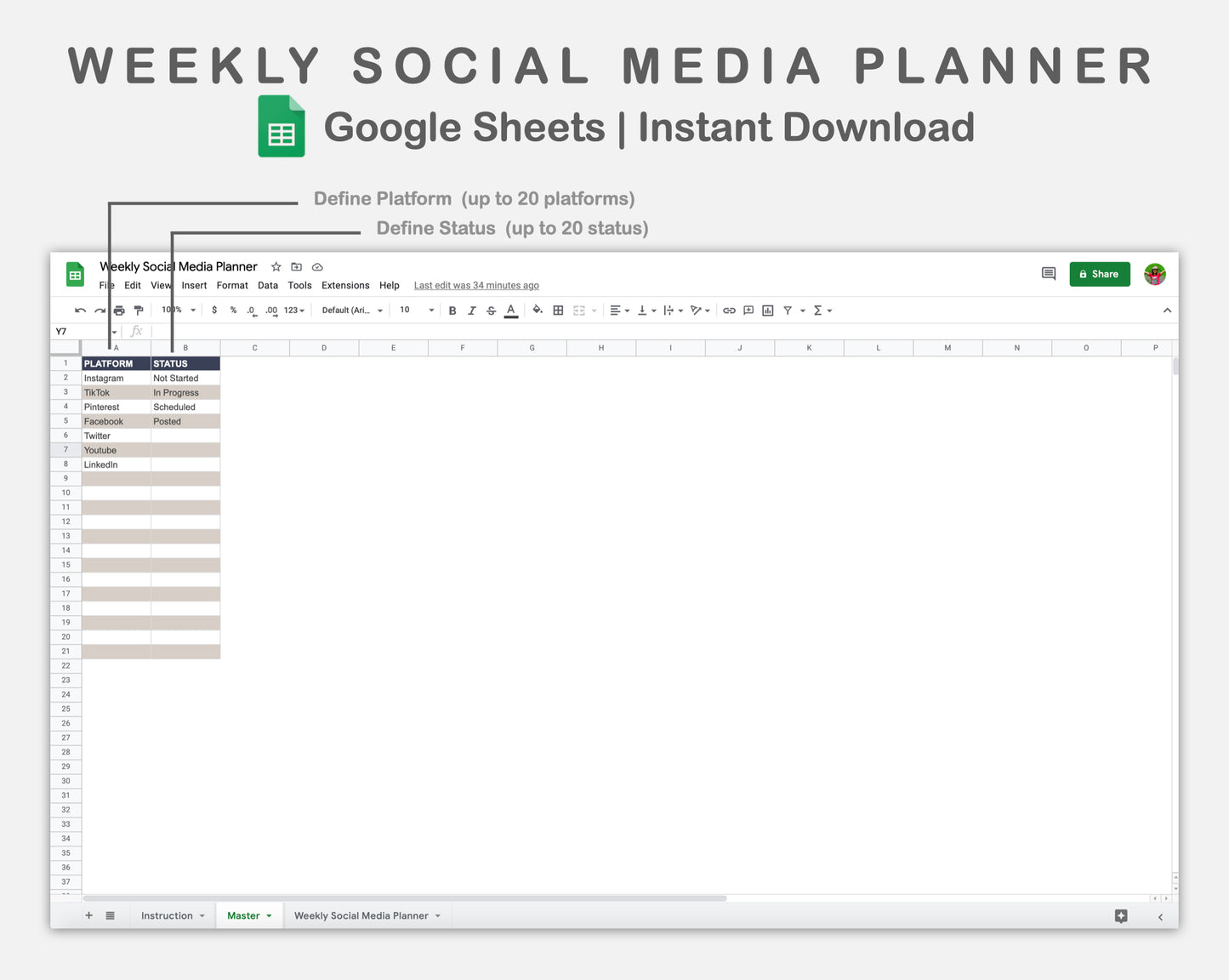 Google Sheets - Weekly Social Media Planner  - Sweet