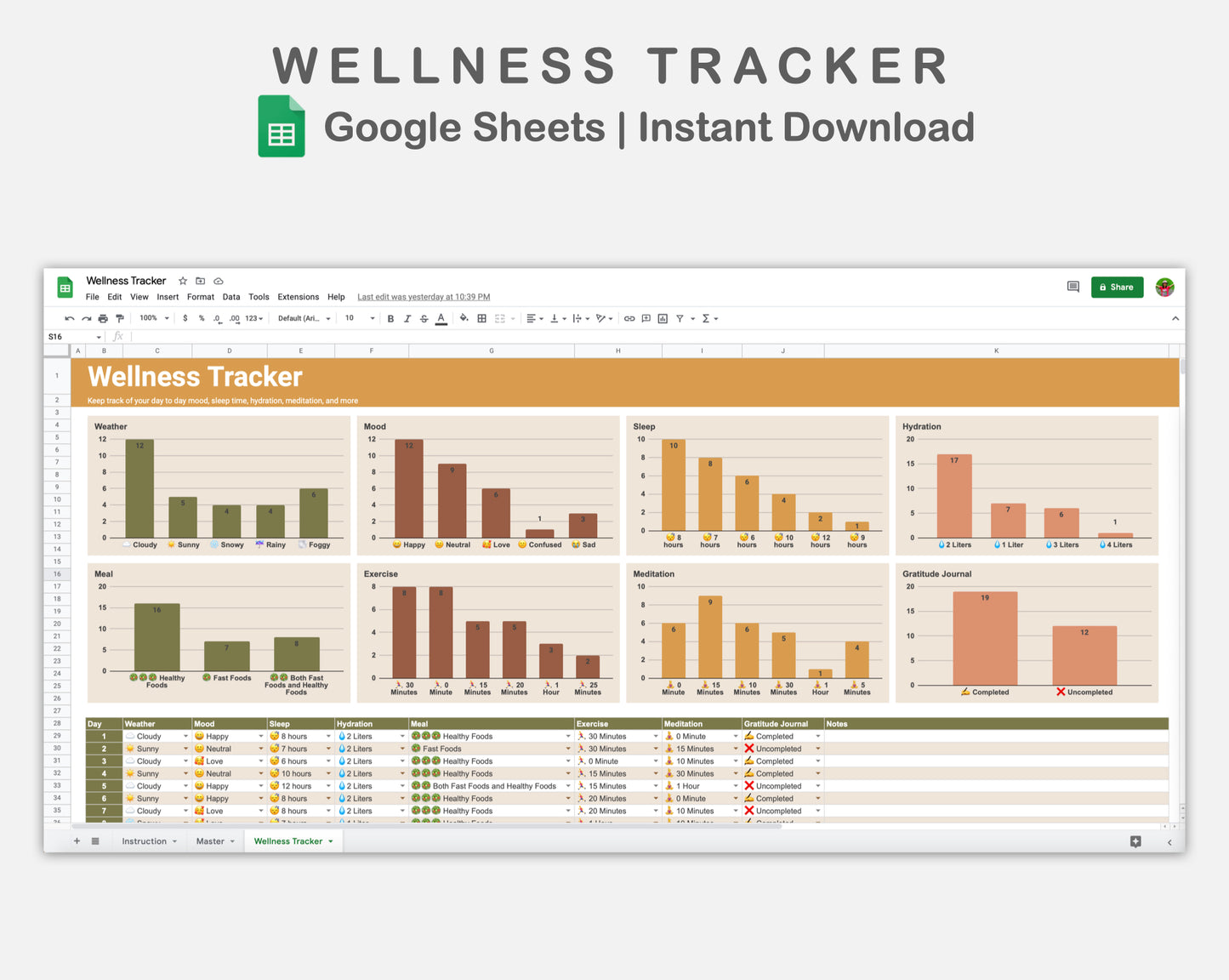 Google Sheets - Wellness Tracker  - Boho