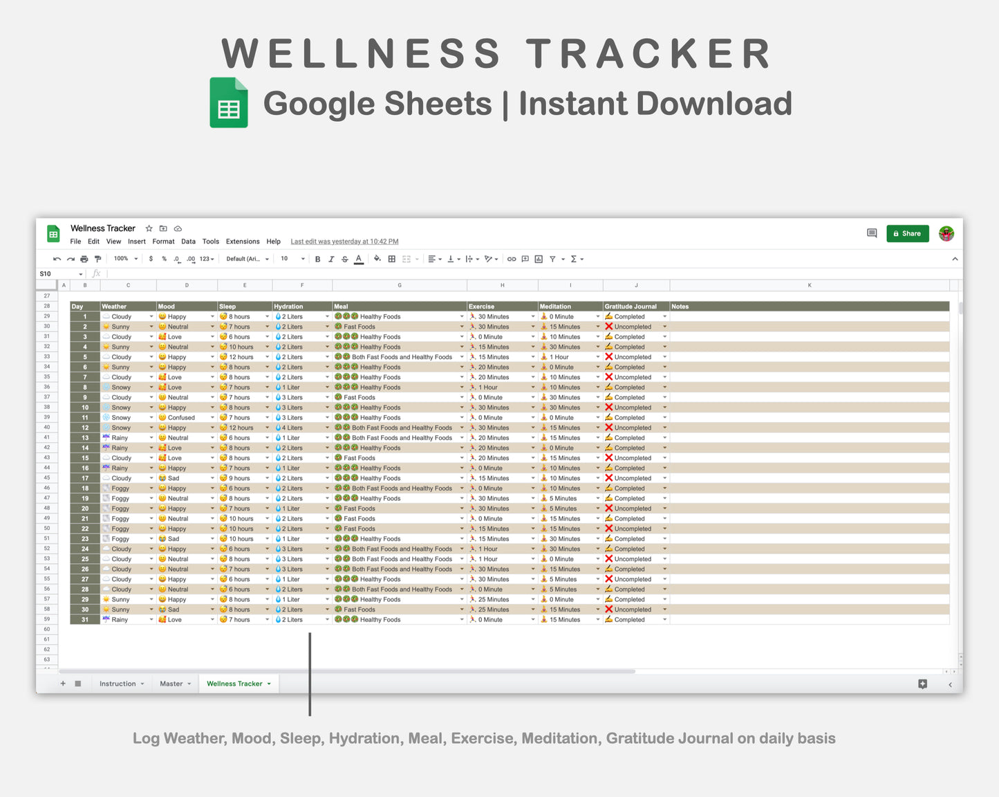 Google Sheets - Wellness Tracker  - Earthy