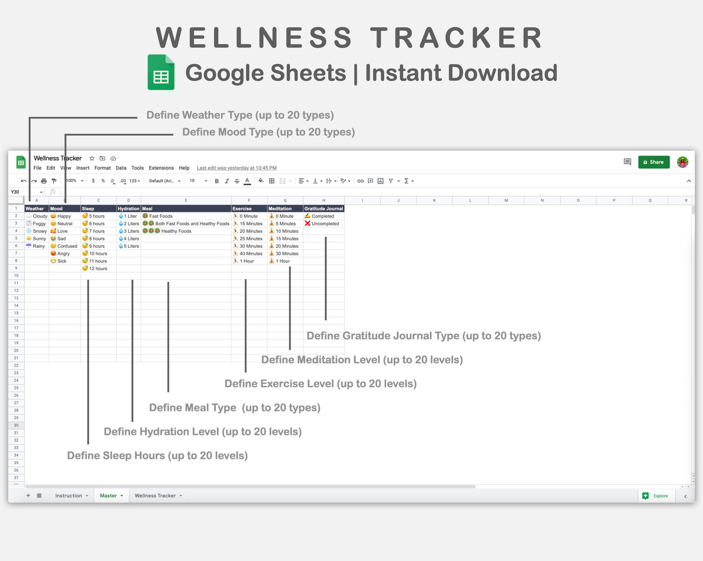 Google Sheets - Wellness Tracker  - Sweet