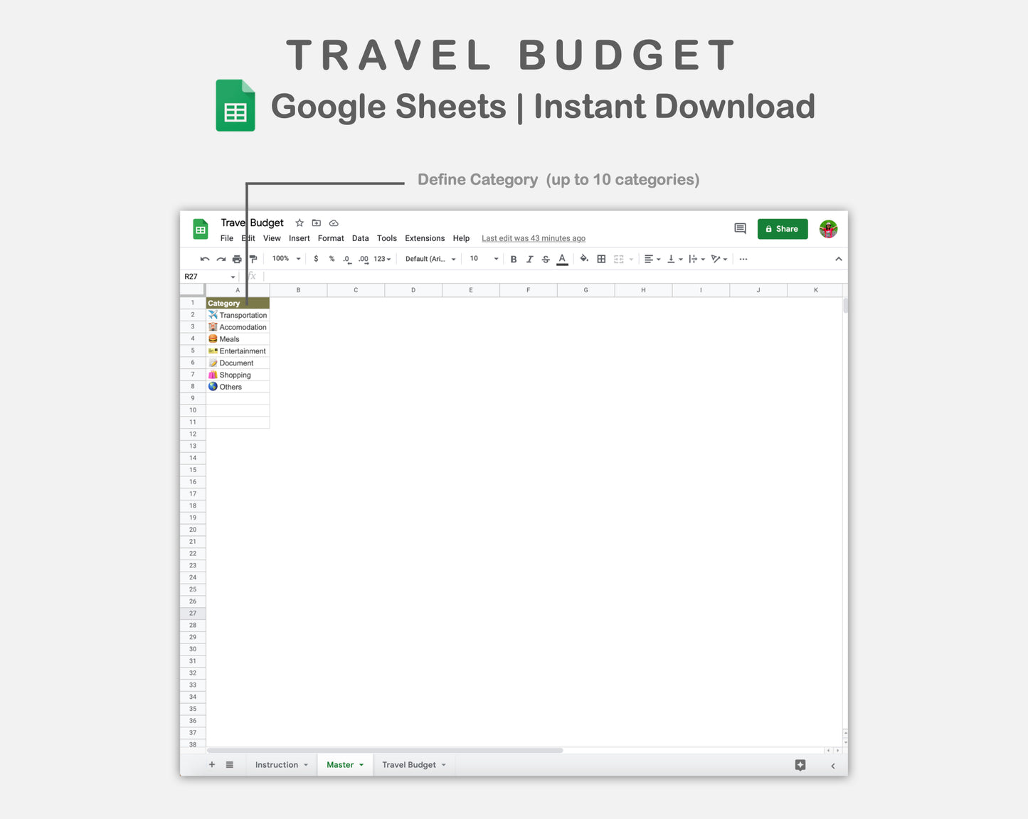 Google Sheets - Travel Budget  - Boho