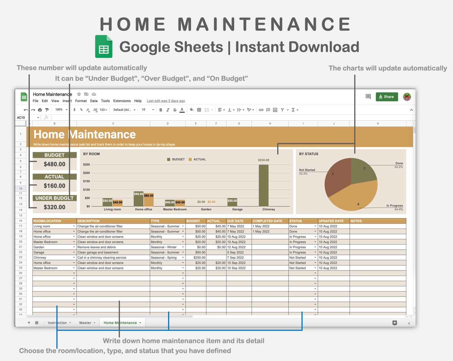 Google Sheets - Home Maintenance - Boho