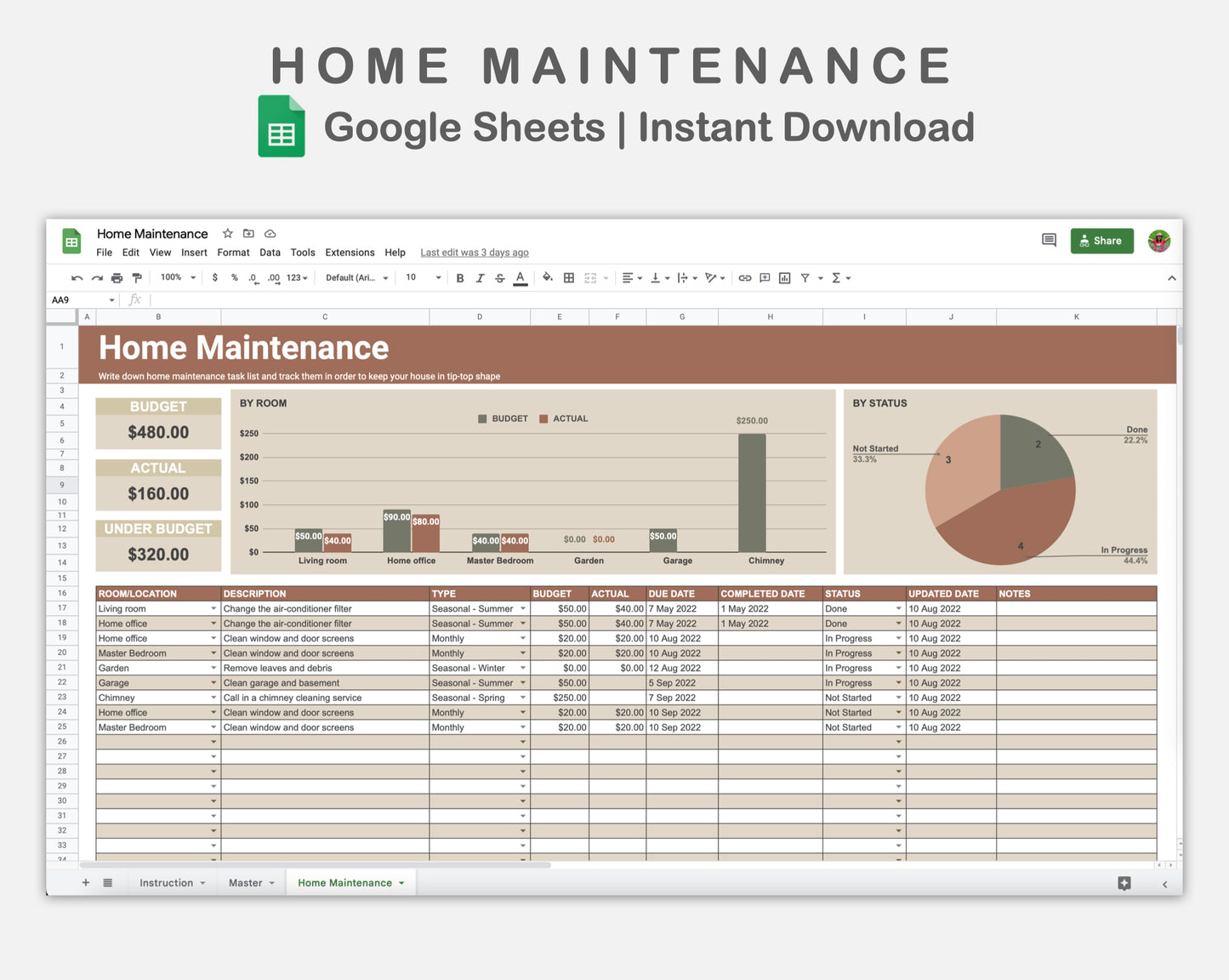 Google Sheets - Home Maintenance - Earthy