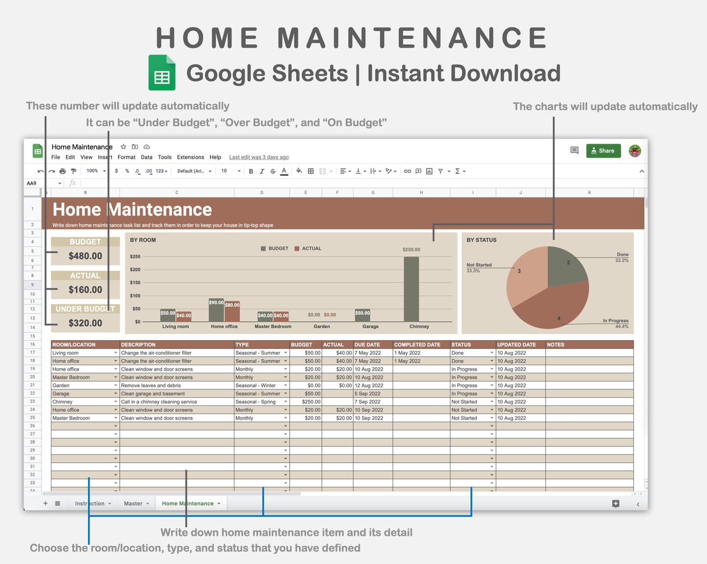 Google Sheets - Home Maintenance - Earthy