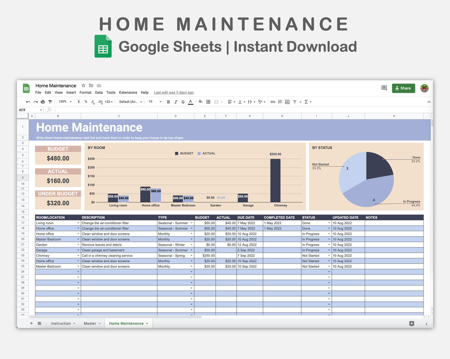 Google Sheets - Home Maintenance - Sweet