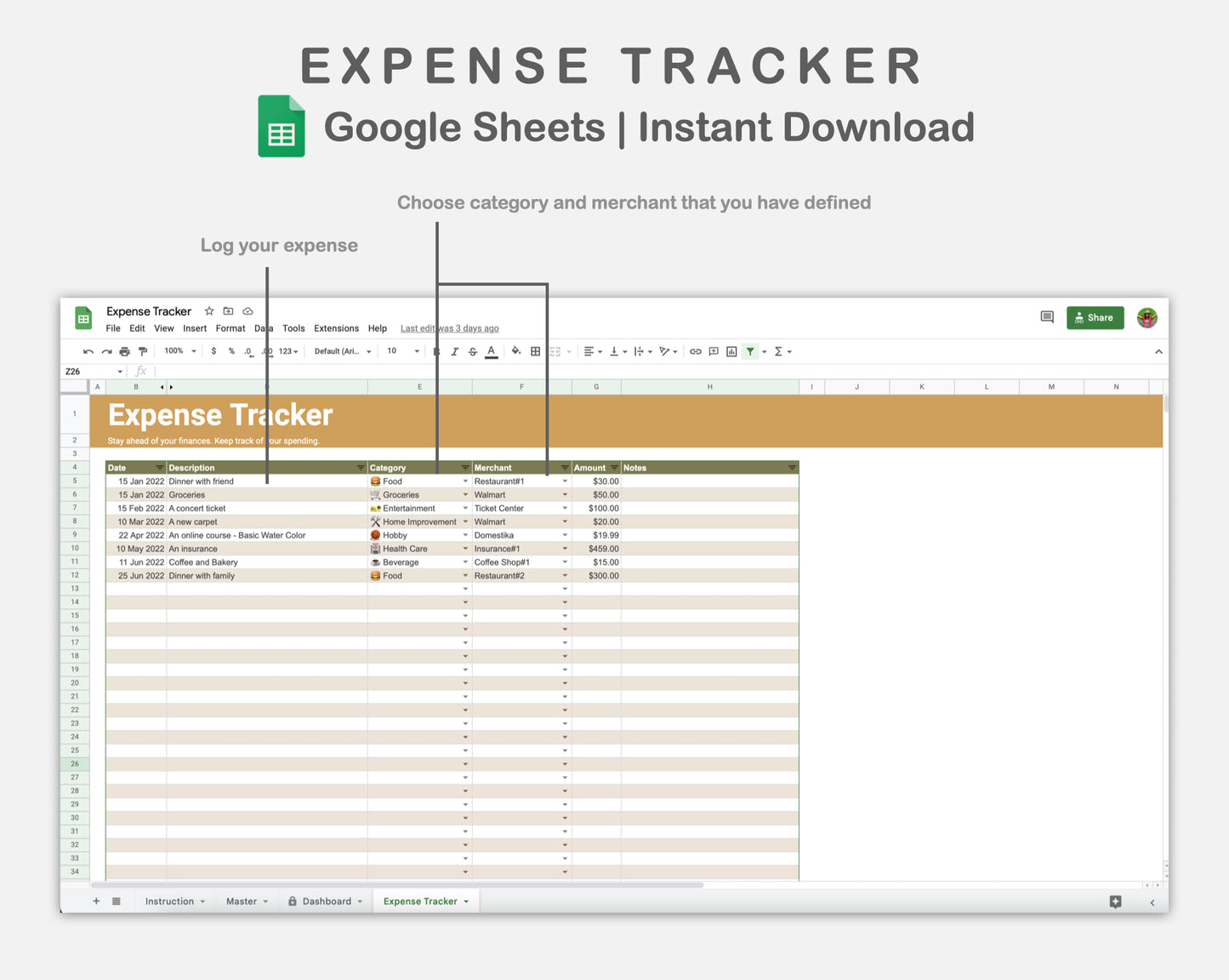 Google Sheets - Expense Tracker - Boho