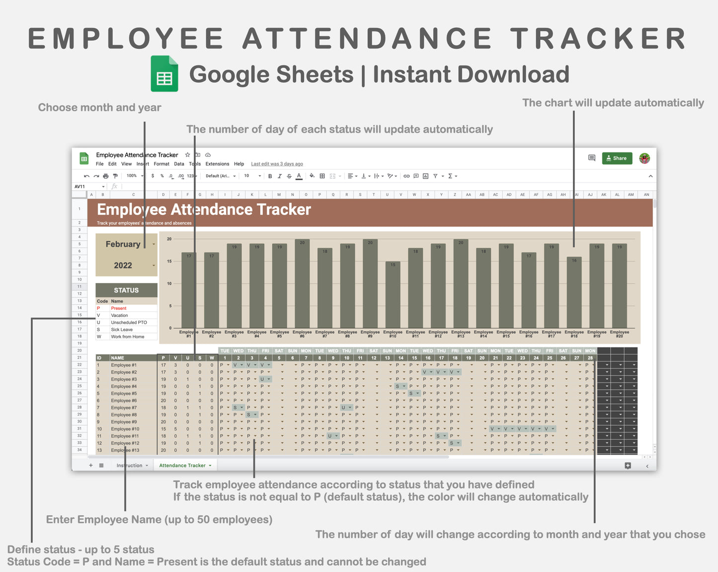 Google Sheets - Employee Attendance Tracker - Earthy