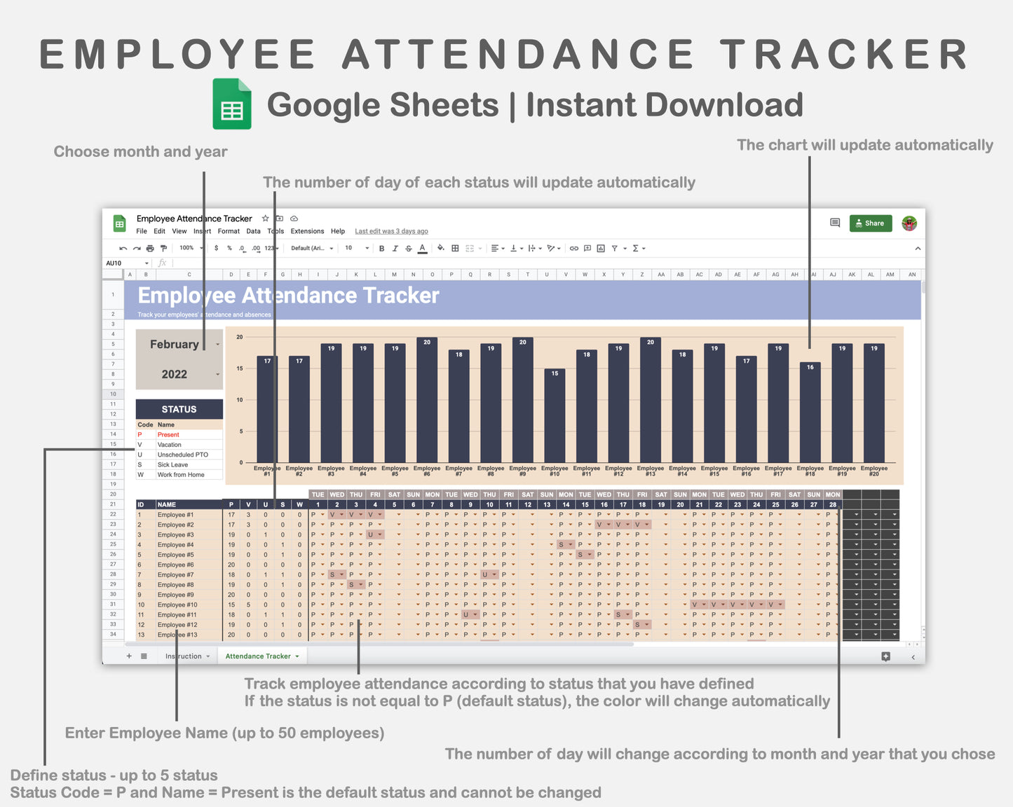 Google Sheets - Employee Attendance Tracker - Sweet