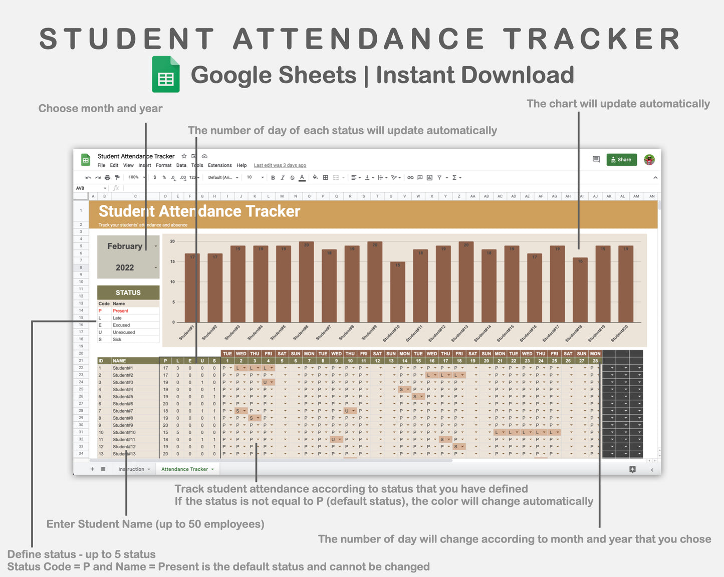Google Sheets - Student Attendance Tracker - BOHO