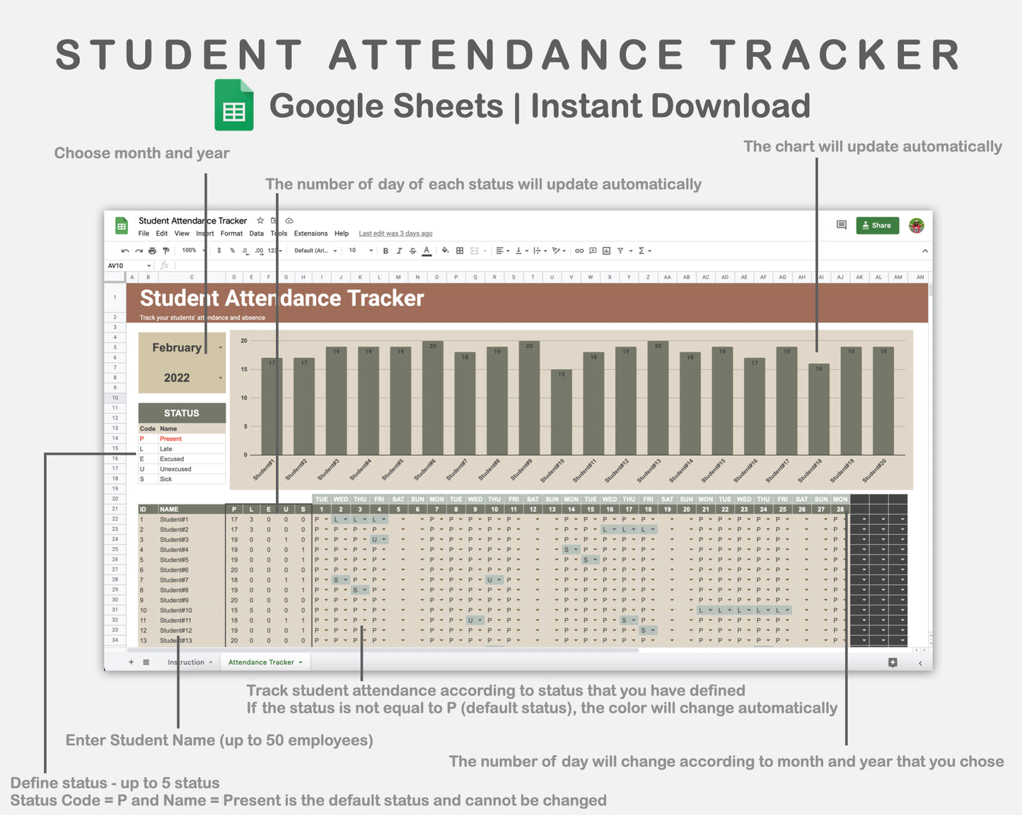 Google Sheets - Student Attendance Tracker - Earthy