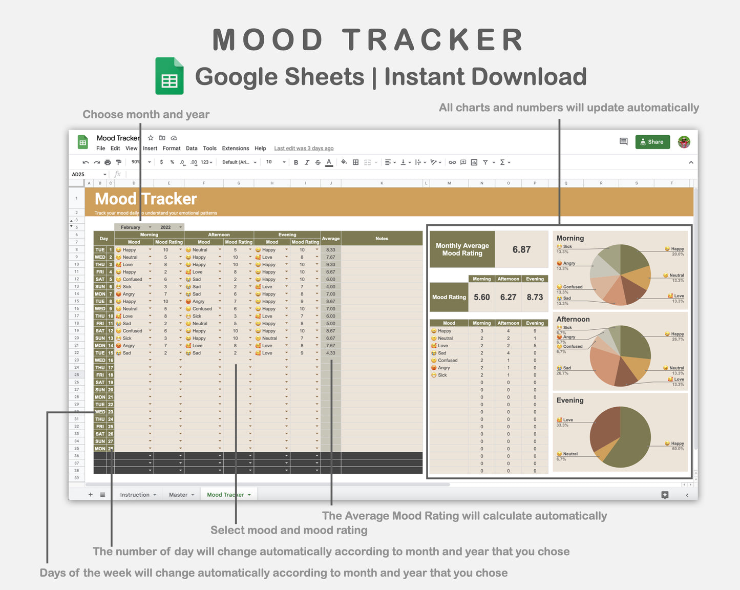 Google Sheets - Mood Tracker - Boho