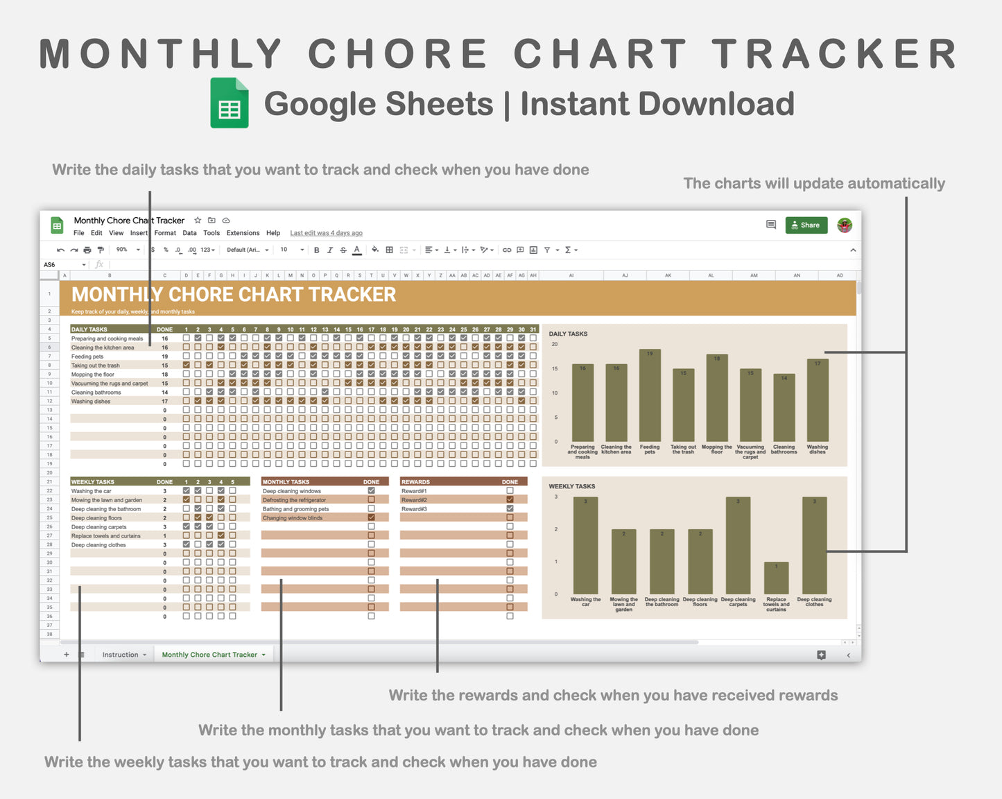 Google Sheets - Monthly Chore Chart Tracker - Boho