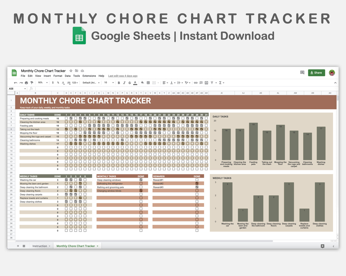 Google Sheets - Monthly Chore Chart Tracker - Earthy
