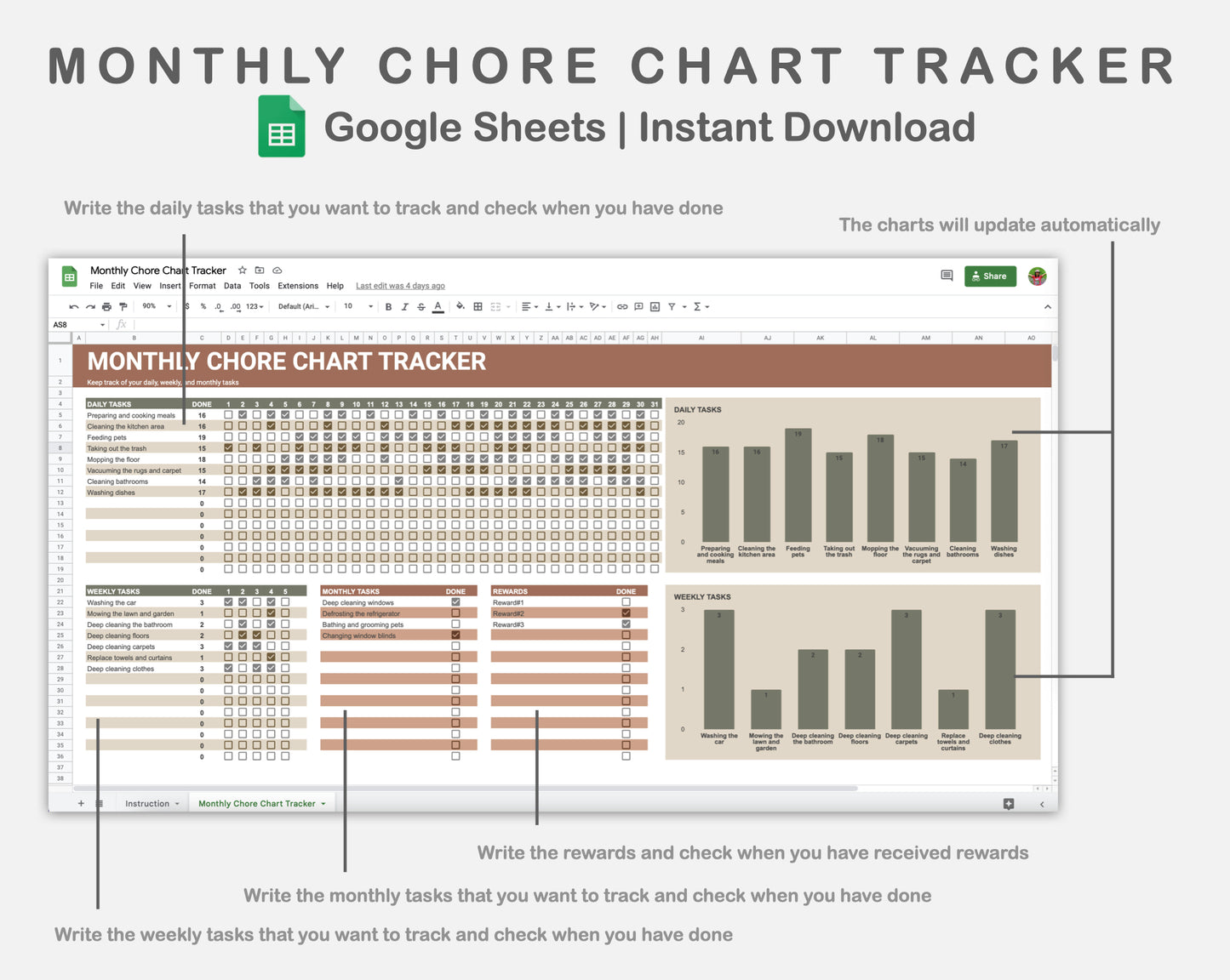 Google Sheets - Monthly Chore Chart Tracker - Earthy