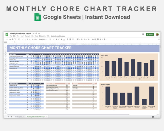 Google Sheets - Monthly Chore Chart Tracker - Sweet