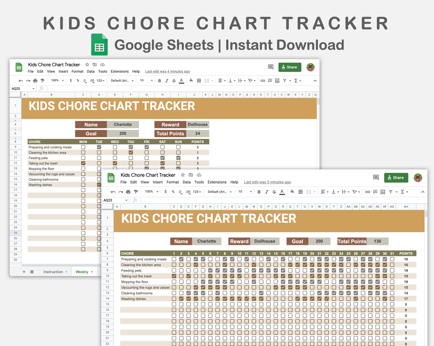Google Sheets - Kids Chore Chart Tracker - Boho