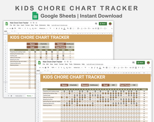 Google Sheets - Kids Chore Chart Tracker - Boho