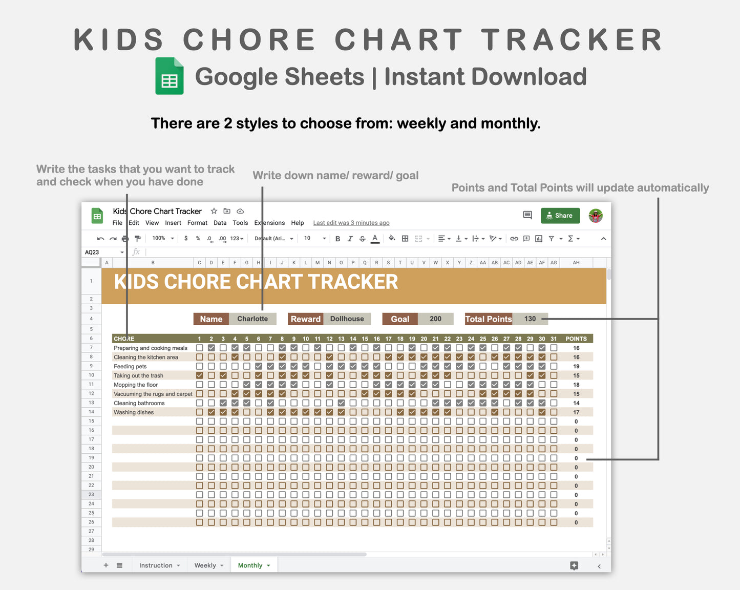 Google Sheets - Kids Chore Chart Tracker - Boho