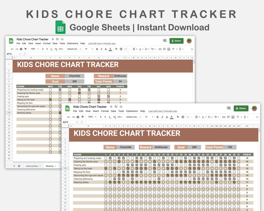 Google Sheets - Kids Chore Chart Tracker - Earthy