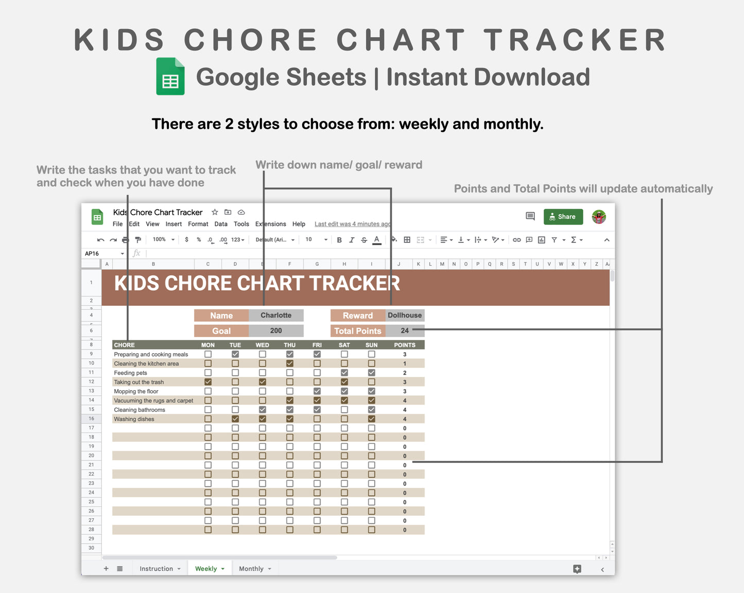 Google Sheets - Kids Chore Chart Tracker - Earthy