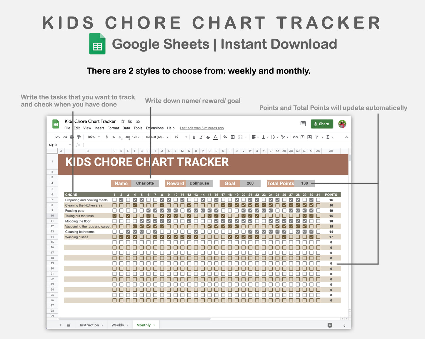 Google Sheets - Kids Chore Chart Tracker - Earthy