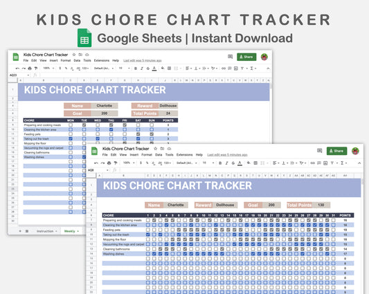 Google Sheets - Kids Chore Chart Tracker - Sweet