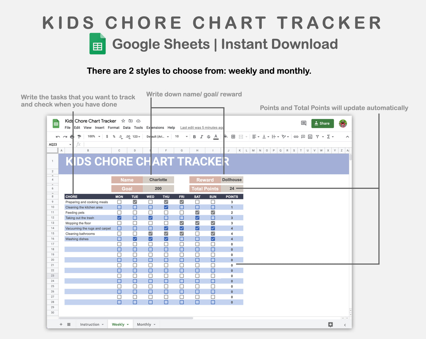 Google Sheets - Kids Chore Chart Tracker - Sweet