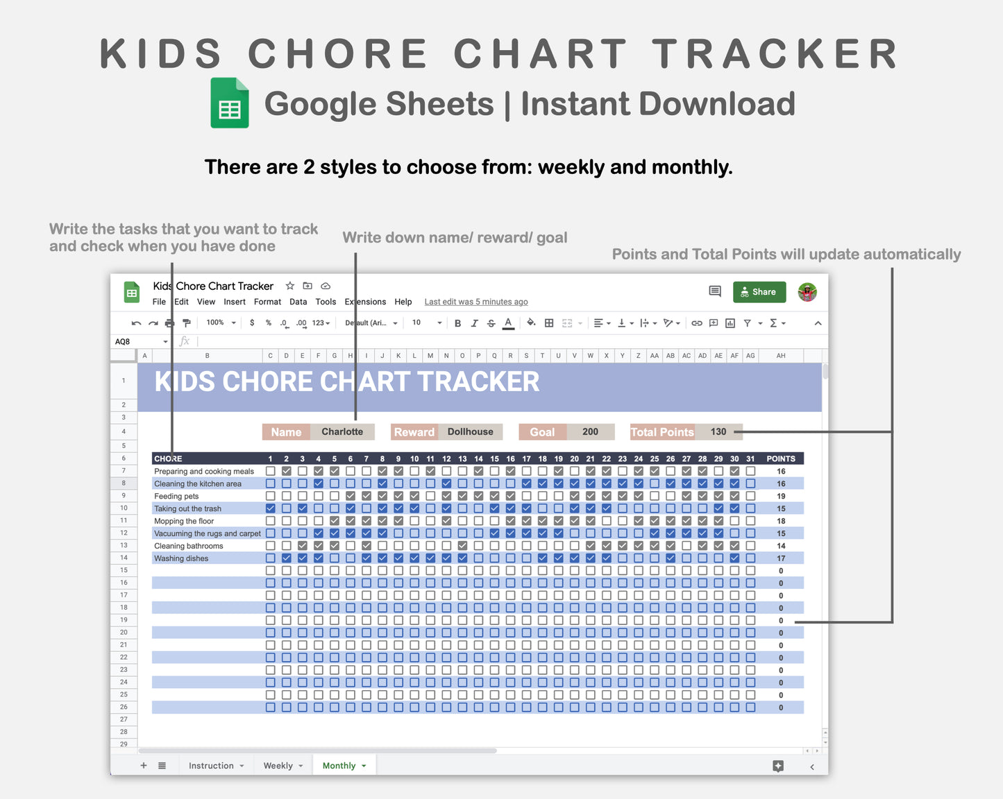 Google Sheets - Kids Chore Chart Tracker - Sweet